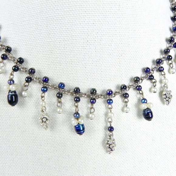 Beaded Blue Pearl & Silver Necklace - Picture 5 of 8